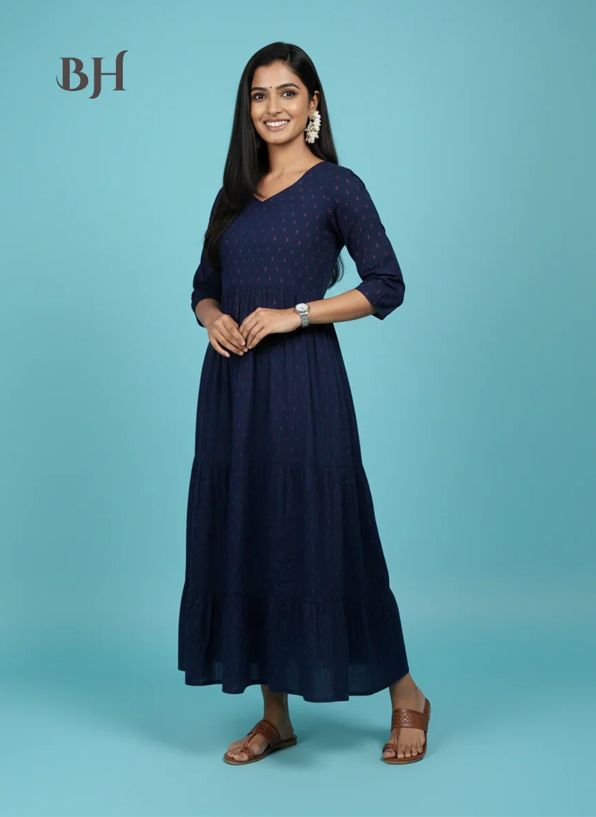 Raw Silk Frock with Full Length Lining | Navy Blue Colour