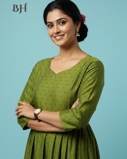 Raw Silk Frock with Full Length Lining | Green Colour