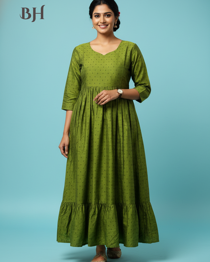 Raw Silk Frock with Full Length Lining | Green Colour