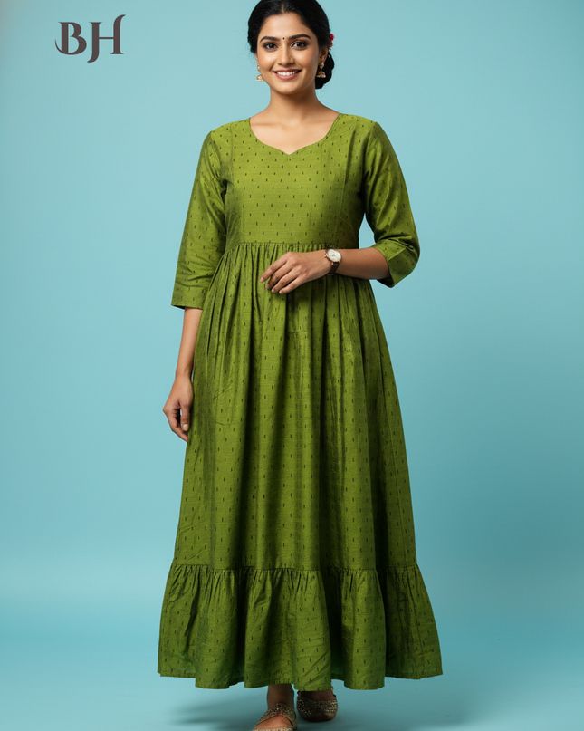 Raw Silk Frock with Full Length Lining | Green Colour