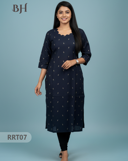 Designer Raw Silk Straight Cut Top in Blue | Cut Work Neck | Full-Length Lining