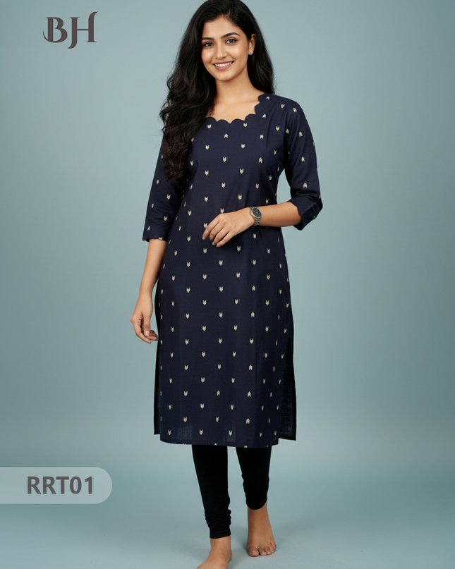 Designer Raw Silk Straight Cut Top in Navy Blue | Cut Work Neck | Full-Length Lining