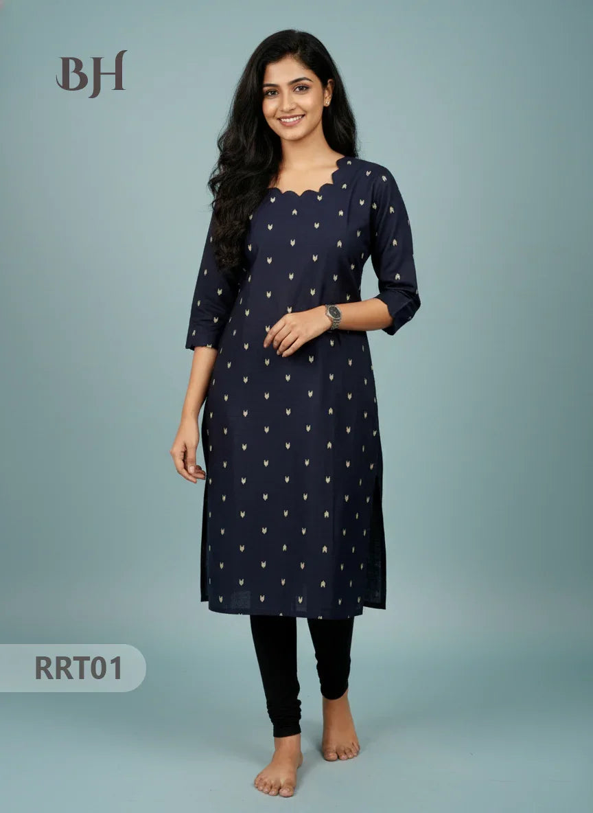 Designer Raw Silk Straight Cut Top in Navy Blue | Cut Work Neck | Full-Length Lining
