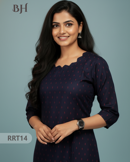 Designer Raw Silk Straight Cut Top in Navy Blue | Cut Work Neck | Full-Length Lining