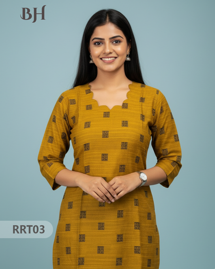 Designer Raw Silk Straight Cut Top in Orange Gold | Cut Work Neck | Full-Length Lining