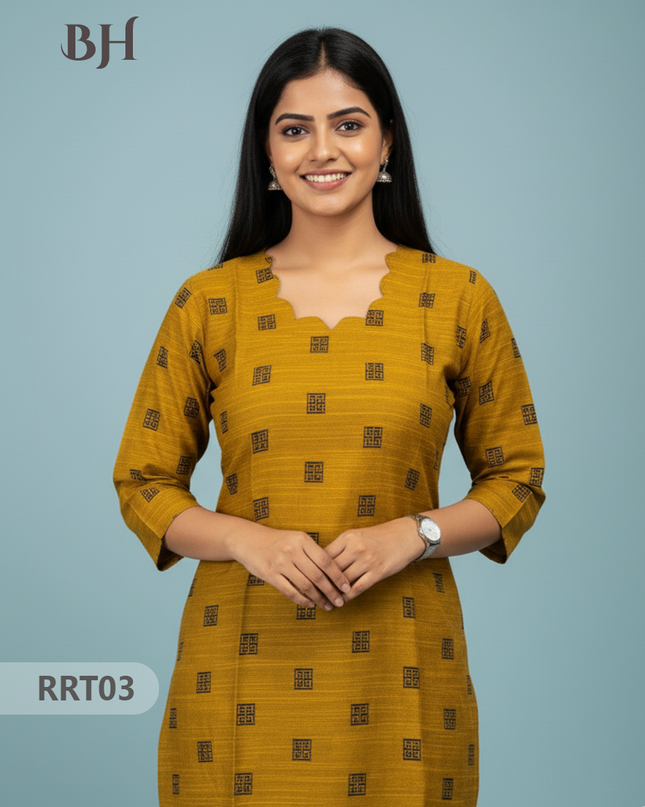 Designer Raw Silk Straight Cut Top in Orange Gold | Cut Work Neck | Full-Length Lining