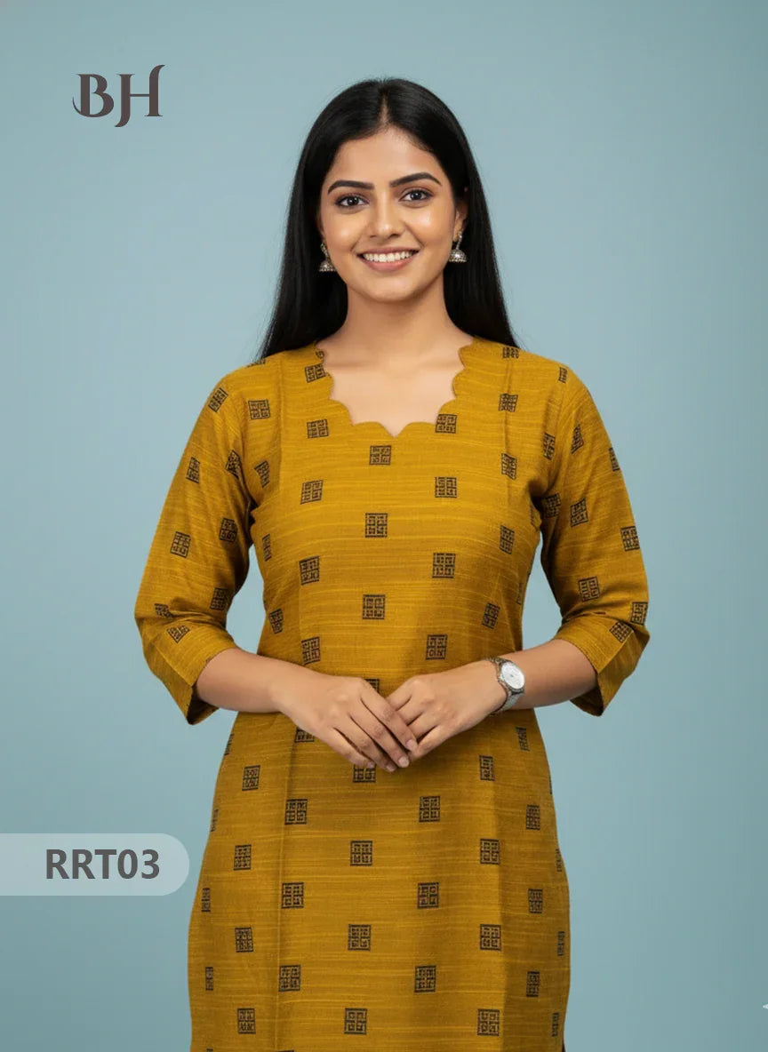 Designer Raw Silk Straight Cut Top in Orange Gold | Cut Work Neck | Full-Length Lining