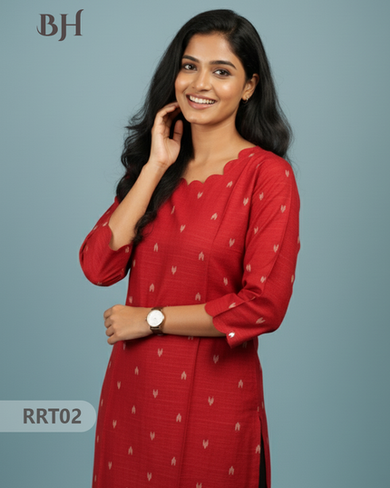 Designer Raw Silk Straight Cut Top in Red | Cut Work Neck | Full-Length Lining