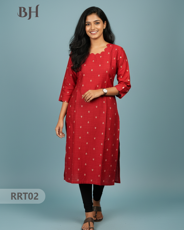 Designer Raw Silk Straight Cut Top in Red | Cut Work Neck | Full-Length Lining