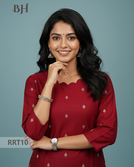 Designer Raw Silk Straight Cut Top in Old Brick | Cut Work Neck | Full-Length Lining