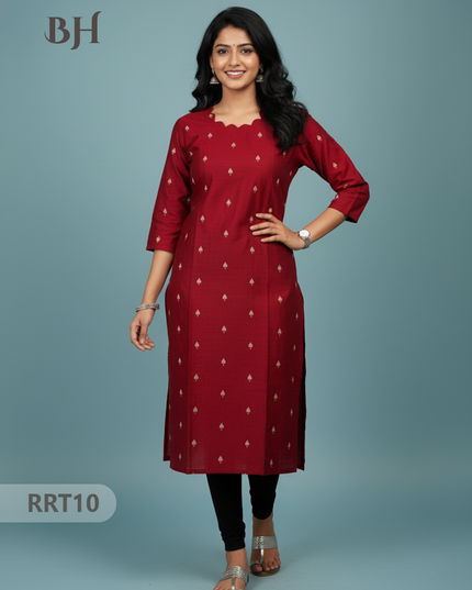 Designer Raw Silk Straight Cut Top in Old Brick | Cut Work Neck | Full-Length Lining