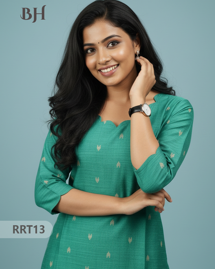 Designer Raw Silk Straight Cut Top in Sea Green | Cut Work Neck | Full-Length Lining