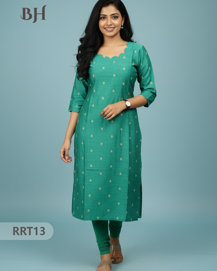 Designer Raw Silk Straight Cut Top in Sea Green | Cut Work Neck | Full-Length Lining