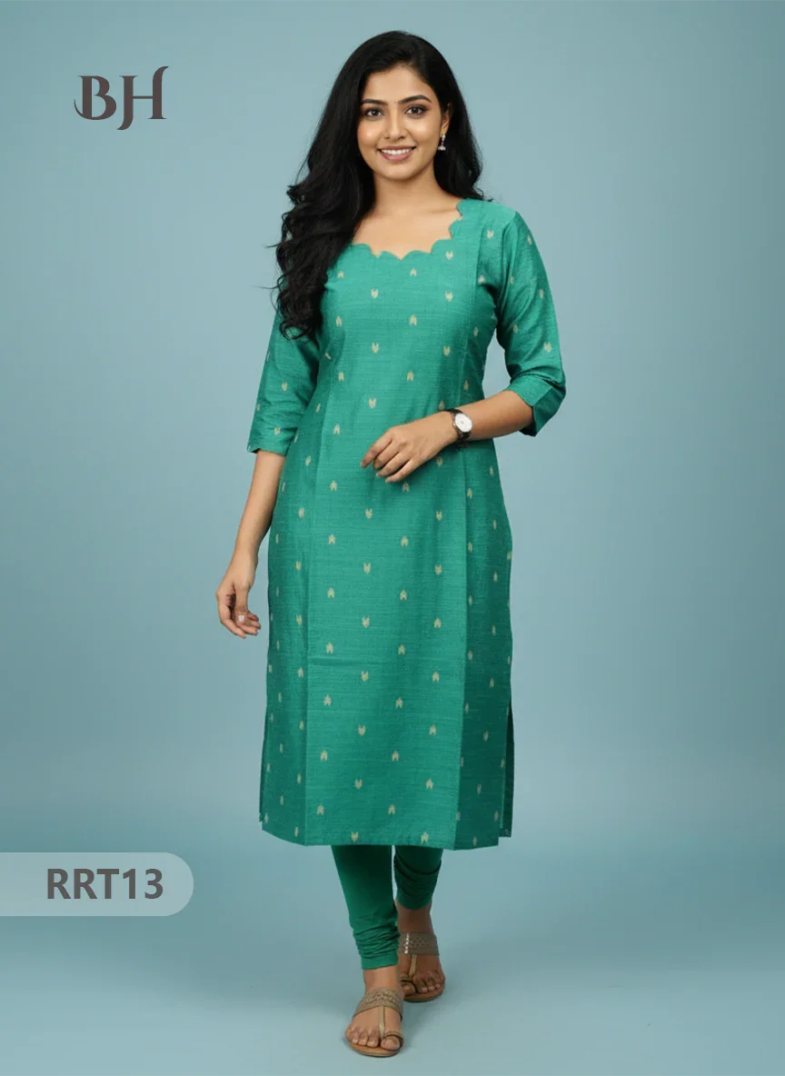 Designer Raw Silk Straight Cut Top in Sea Green | Cut Work Neck | Full-Length Lining