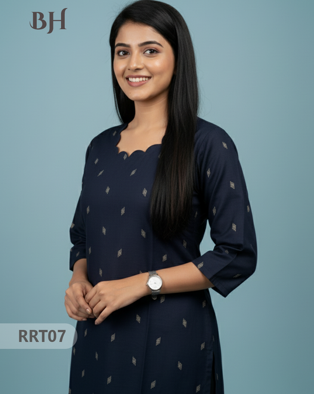 Designer Raw Silk Straight Cut Top in Blue | Cut Work Neck | Full-Length Lining