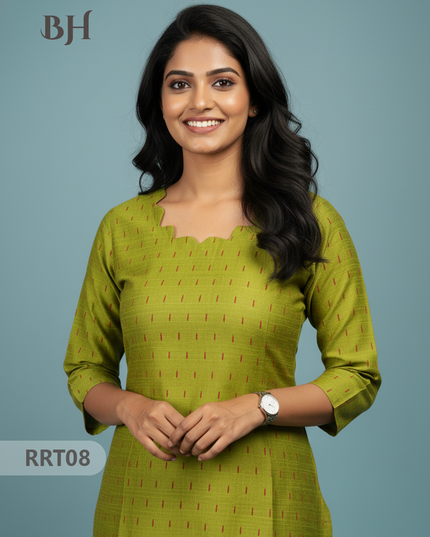 Designer Raw Silk Straight Cut Top in Icky Green | Cut Work Neck | Full-Length Lining