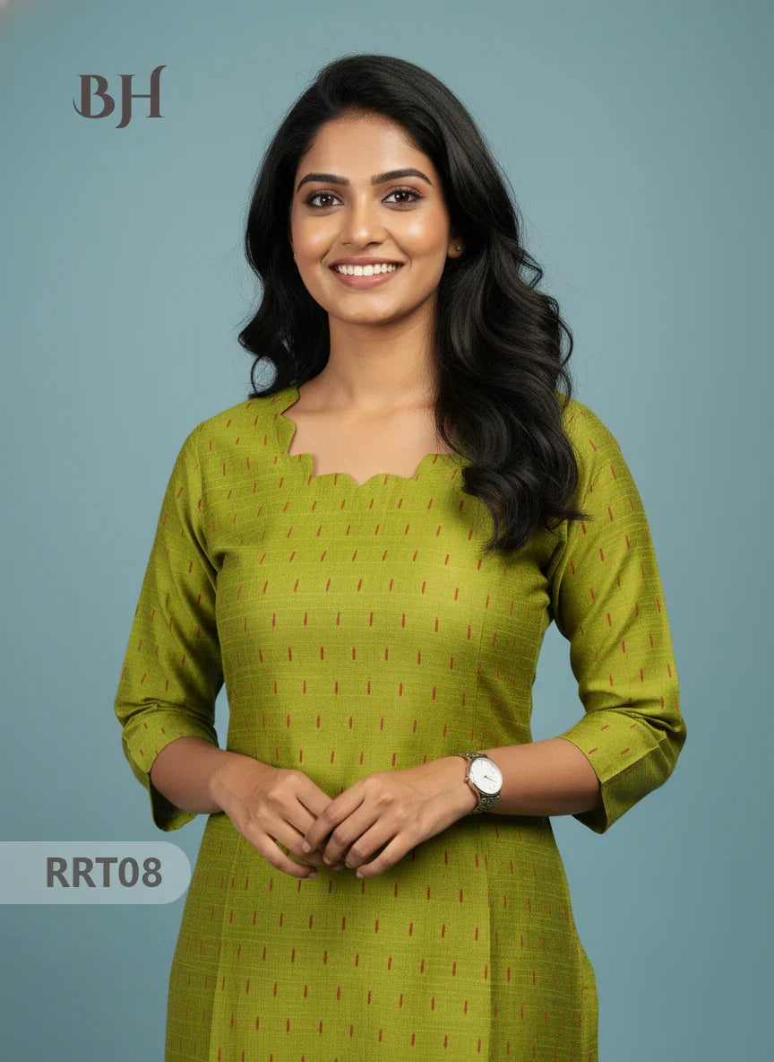 Designer Raw Silk Straight Cut Top in Icky Green | Cut Work Neck | Full-Length Lining