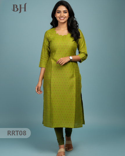 Designer Raw Silk Straight Cut Top in Icky Green | Cut Work Neck | Full-Length Lining