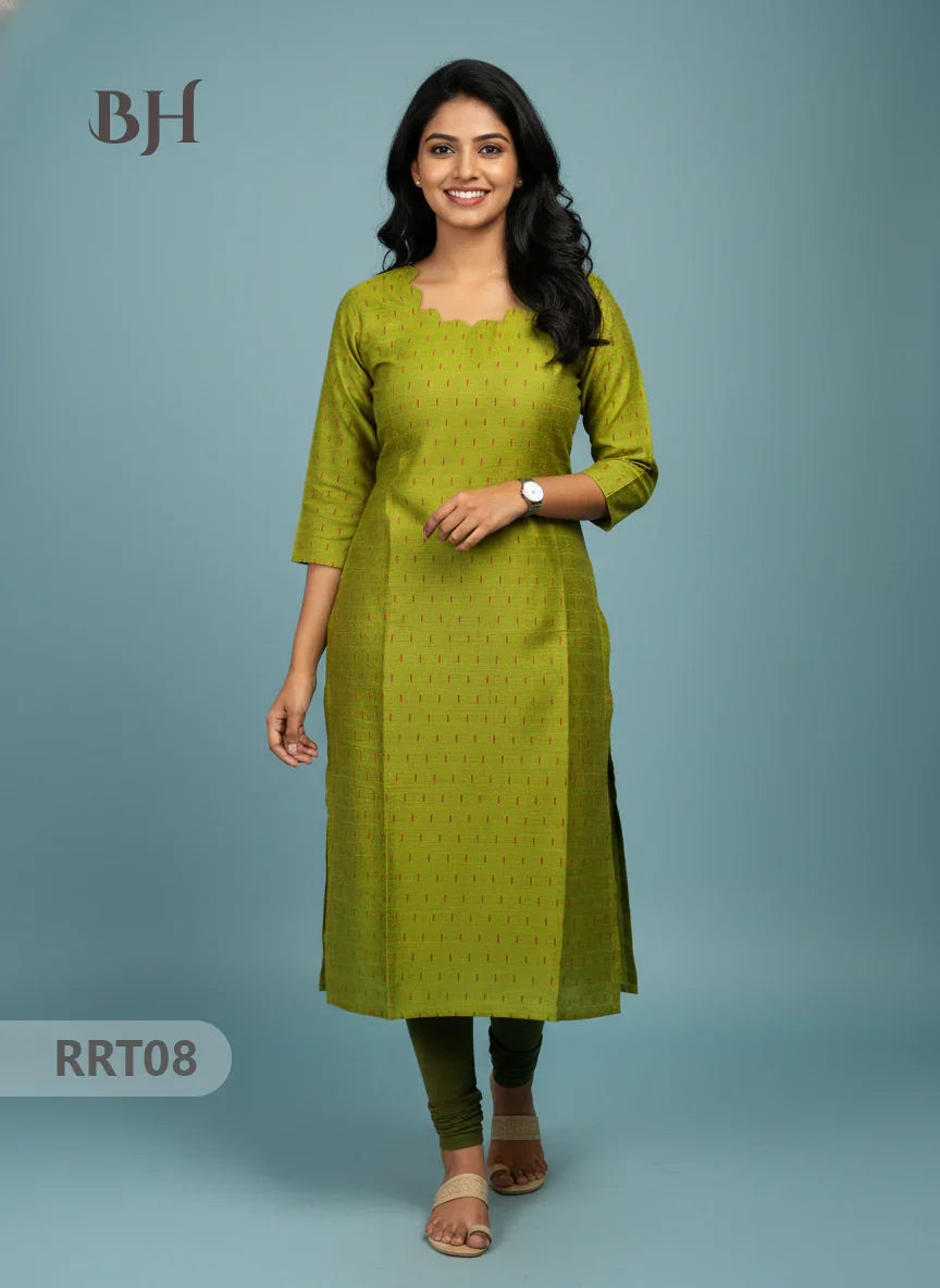 Designer Raw Silk Straight Cut Top in Icky Green | Cut Work Neck | Full-Length Lining