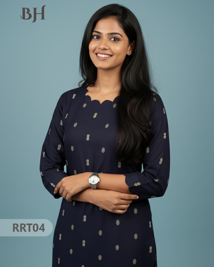 Designer Raw Silk Straight Cut Top in Navy Blue | Cut Work Neck | Full-Length Lining