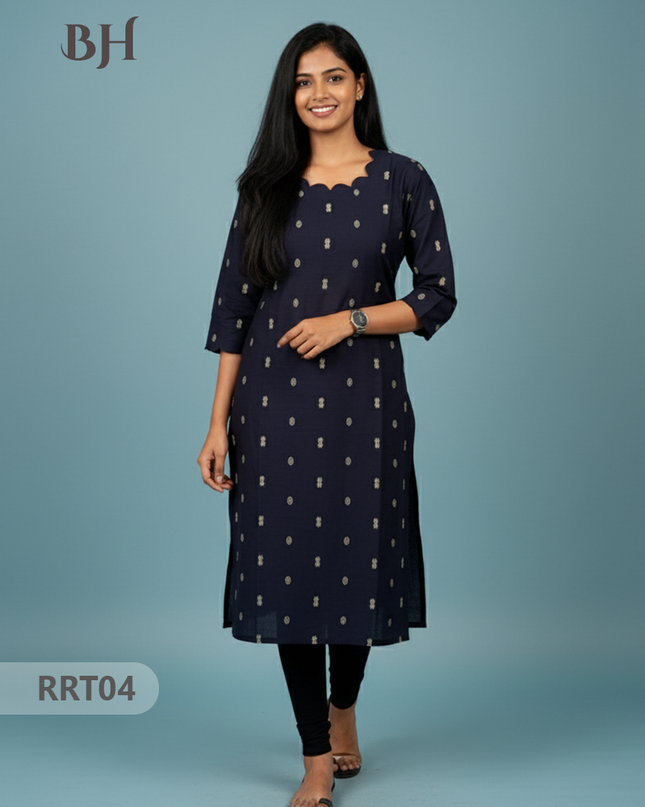 Designer Raw Silk Straight Cut Top in Navy Blue | Cut Work Neck | Full-Length Lining