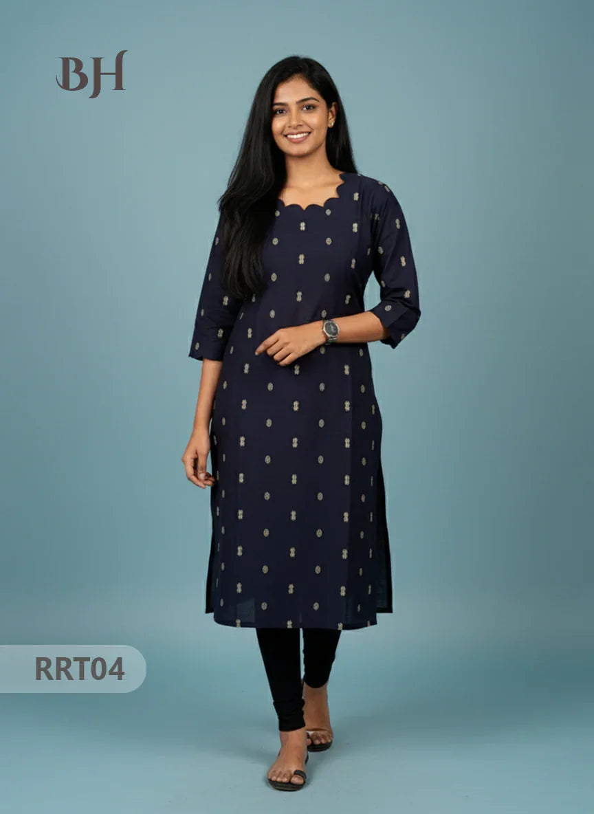 Designer Raw Silk Straight Cut Top in Navy Blue | Cut Work Neck | Full-Length Lining