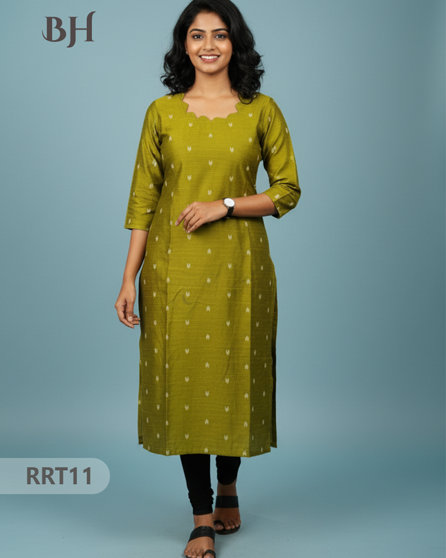 Designer Raw Silk Straight Cut Top in Green | Cut Work Neck | Full-Length Lining