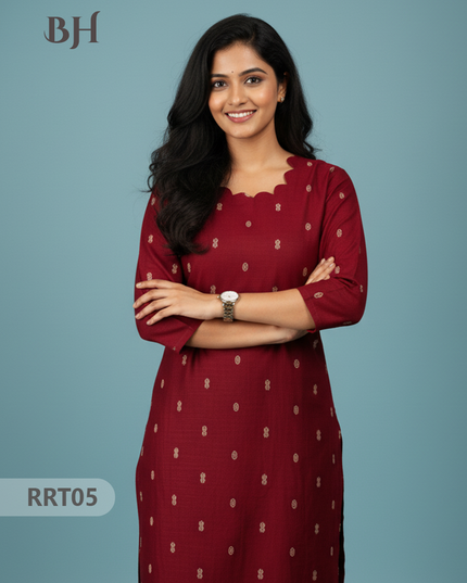 Designer Raw Silk Straight Cut Top in Merlot | Cut Work Neck | Full-Length Lining