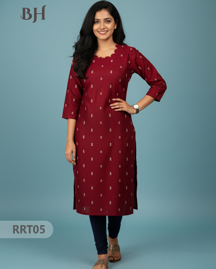 Designer Raw Silk Straight Cut Top in Merlot | Cut Work Neck | Full-Length Lining