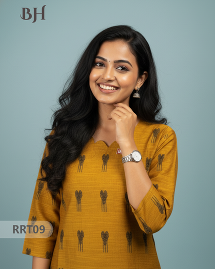 Designer Raw Silk Straight Cut Top in Orange Gold | Cut Work Neck | Full-Length Lining