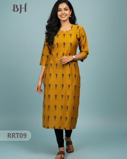 Designer Raw Silk Straight Cut Top in Orange Gold | Cut Work Neck | Full-Length Lining