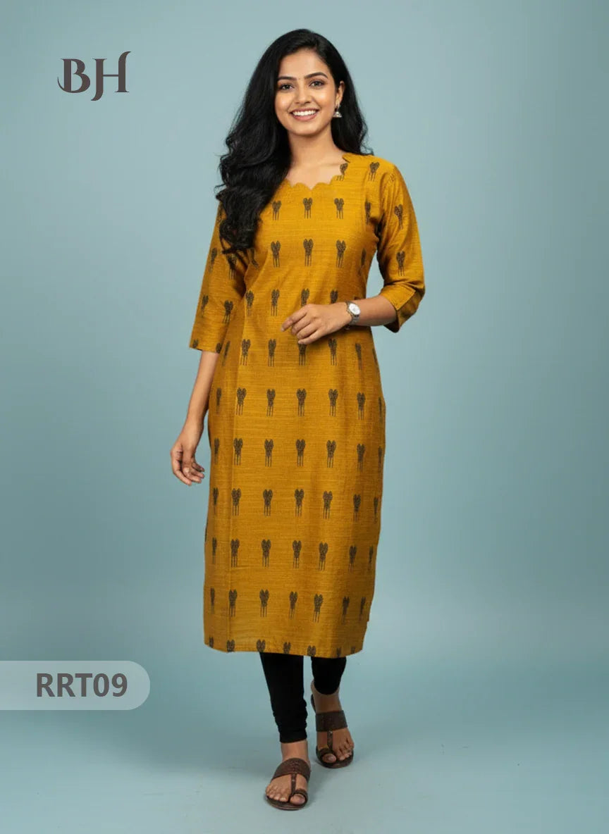 Designer Raw Silk Straight Cut Top in Orange Gold | Cut Work Neck | Full-Length Lining