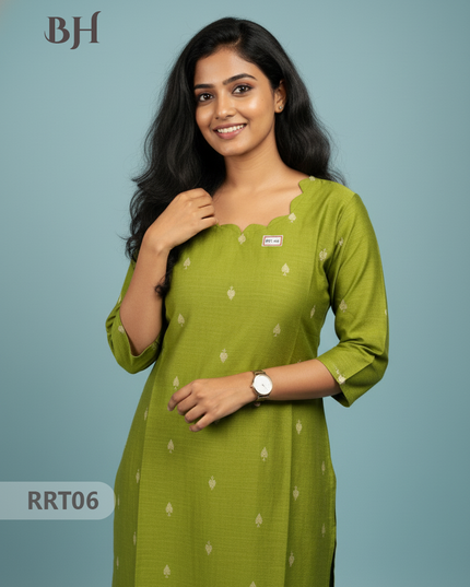 Designer Raw Silk Straight Cut Top in Green | Cut Work Neck | Full-Length Lining