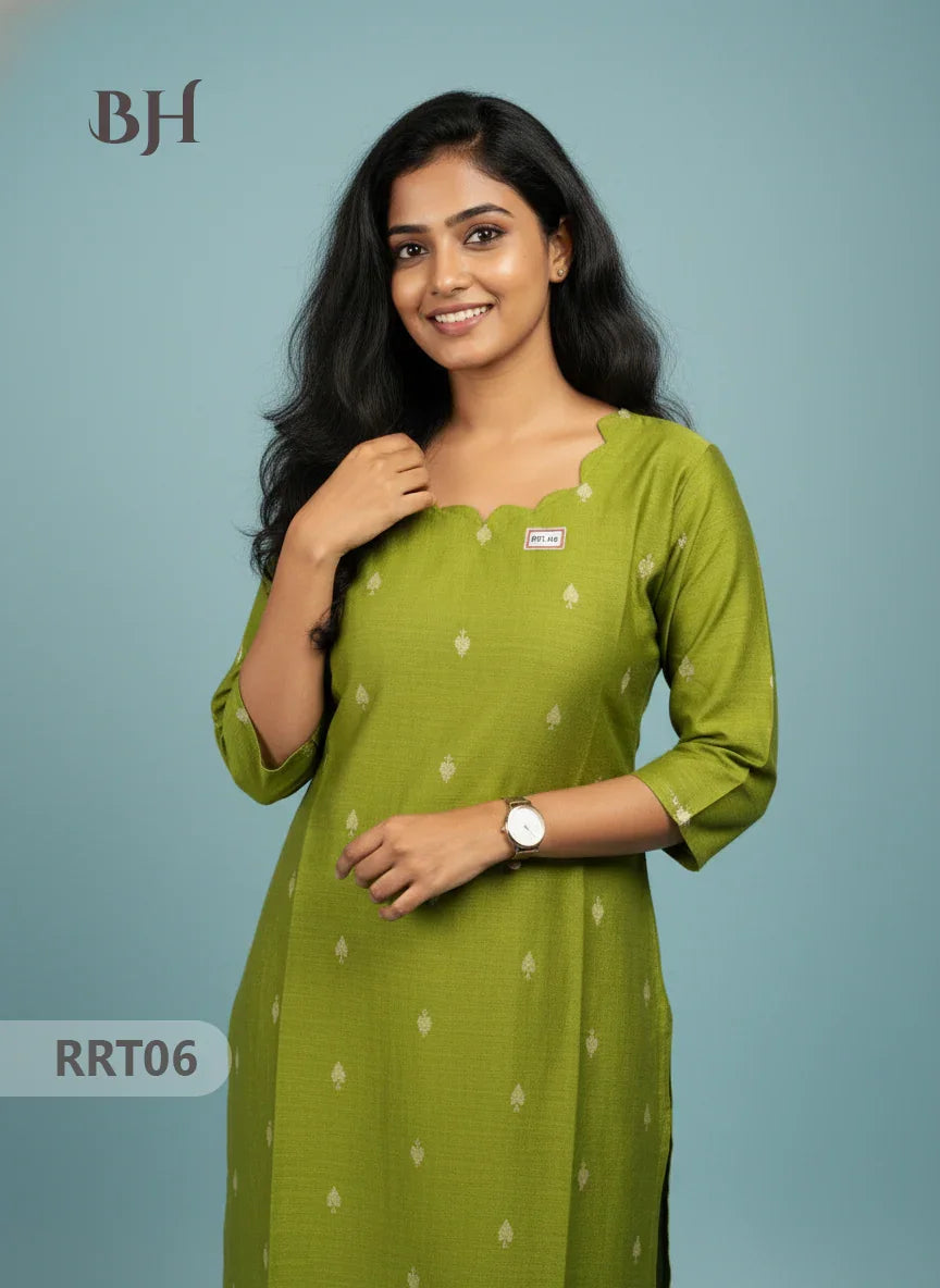 Designer Raw Silk Straight Cut Top in Green | Cut Work Neck | Full-Length Lining
