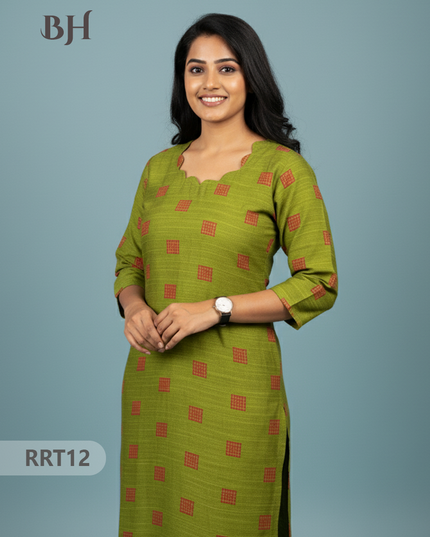 Designer Raw Silk Straight Cut Top in Green | Cut Work Neck | Full-Length Lining