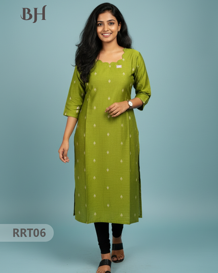 Designer Raw Silk Straight Cut Top in Green | Cut Work Neck | Full-Length Lining