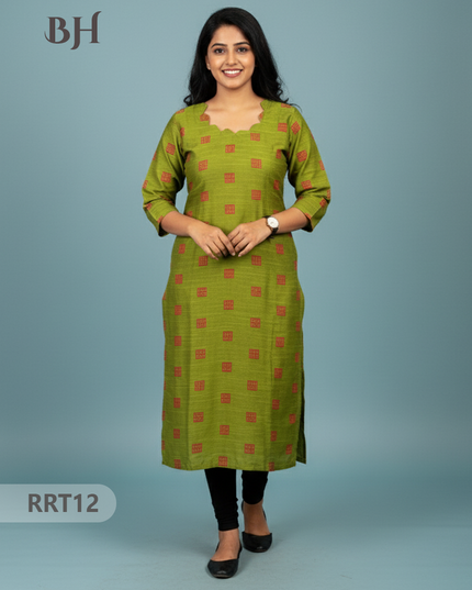 Designer Raw Silk Straight Cut Top in Green | Cut Work Neck | Full-Length Lining