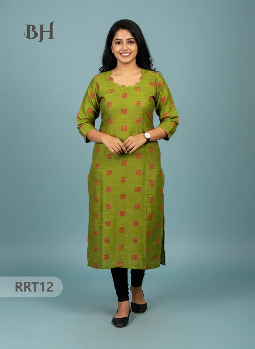 Designer Raw Silk Straight Cut Top in Green | Cut Work Neck | Full-Length Lining