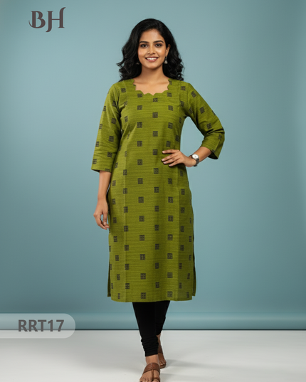 Designer Raw Silk Straight Cut Top in Lcky Green | Cut Work Neck | Full-Length Lining