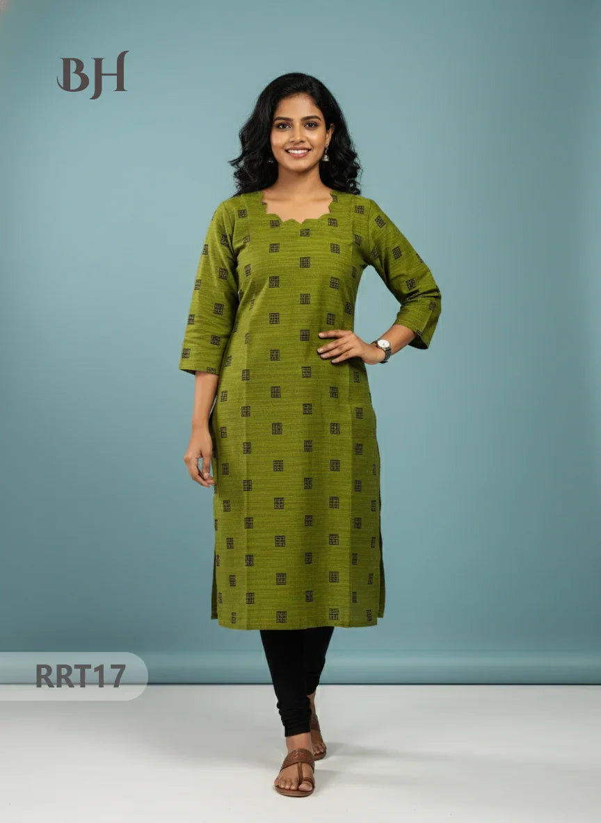 Designer Raw Silk Straight Cut Top in Lcky Green | Cut Work Neck | Full-Length Lining