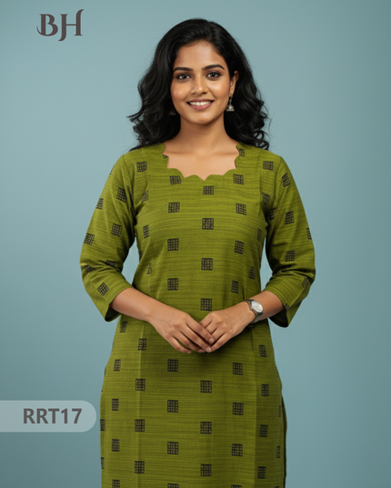 Designer Raw Silk Straight Cut Top in Lcky Green | Cut Work Neck | Full-Length Lining