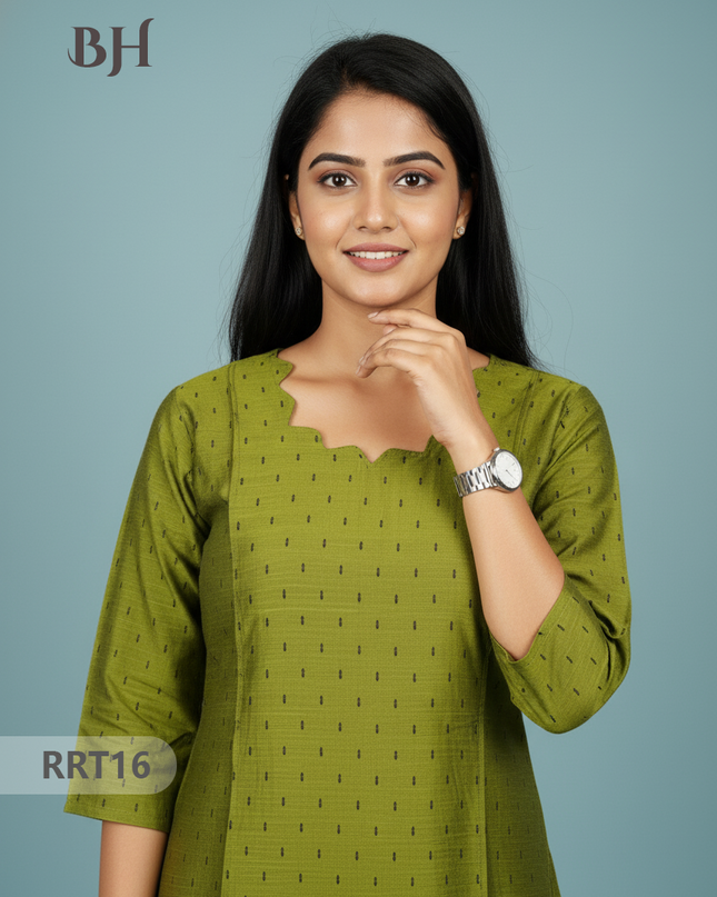 Designer Raw Silk Straight Cut Top in Green | Cut Work Neck | Full-Length Lining