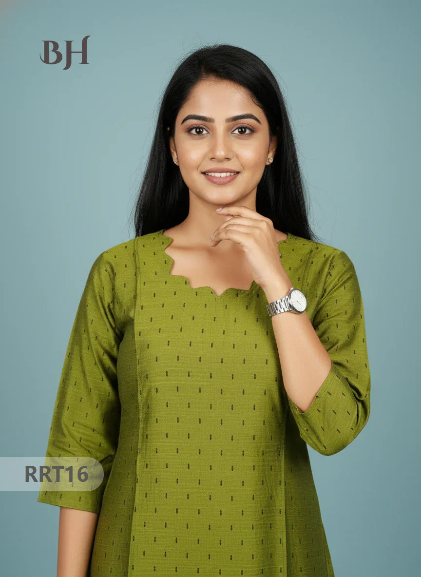 Designer Raw Silk Straight Cut Top in Green | Cut Work Neck | Full-Length Lining