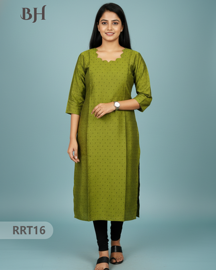 Designer Raw Silk Straight Cut Top in Green | Cut Work Neck | Full-Length Lining