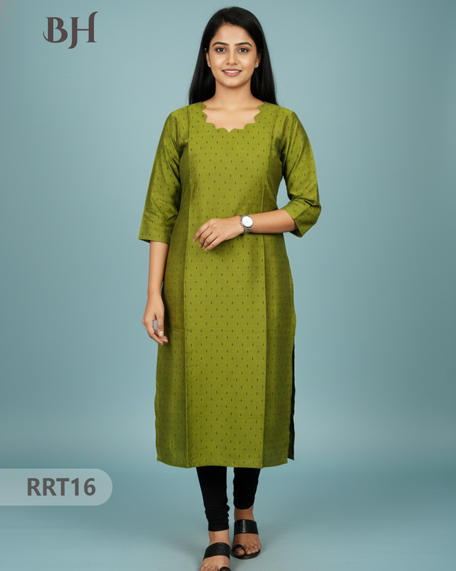 Designer Raw Silk Straight Cut Top in Green | Cut Work Neck | Full-Length Lining