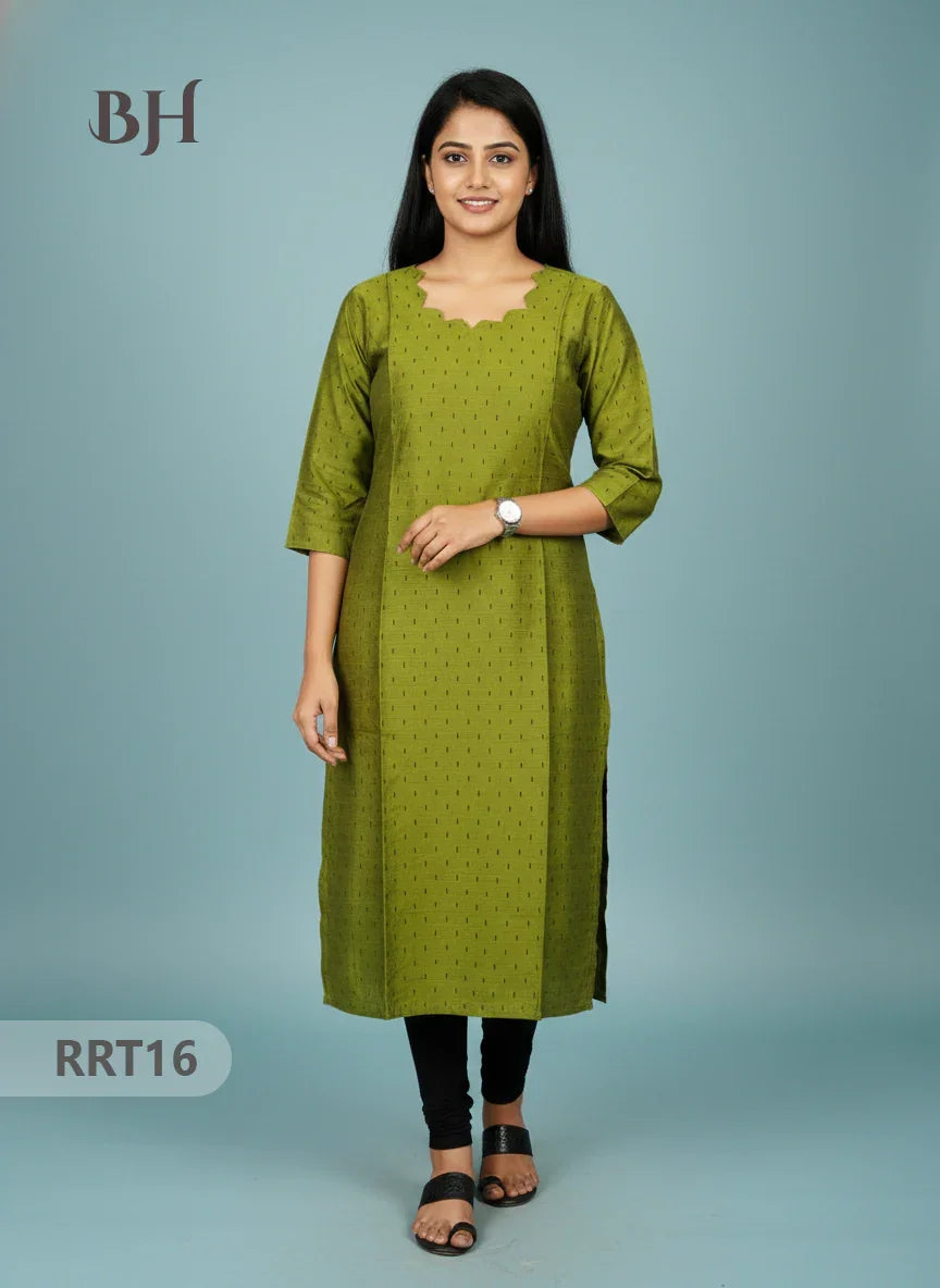Designer Raw Silk Straight Cut Top in Green | Cut Work Neck | Full-Length Lining