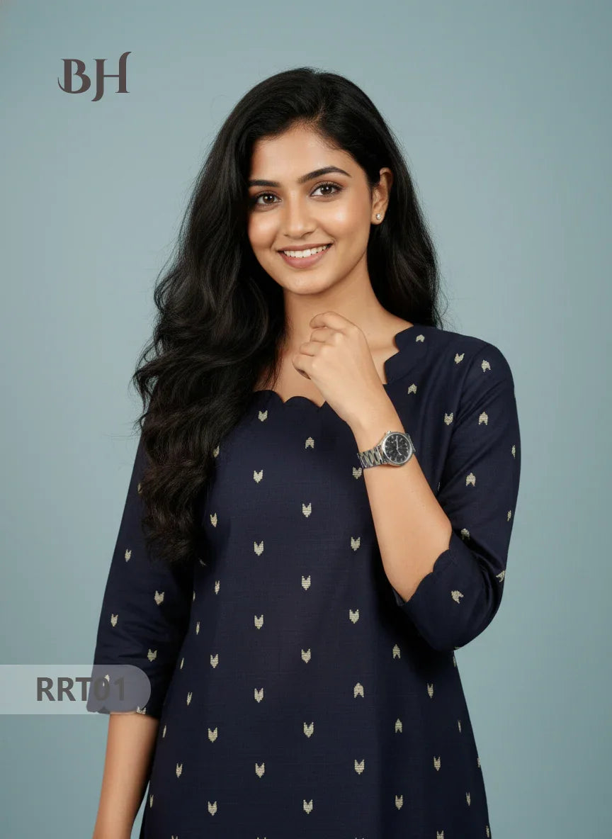 Designer Raw Silk Straight Cut Top in Navy Blue | Cut Work Neck | Full-Length Lining