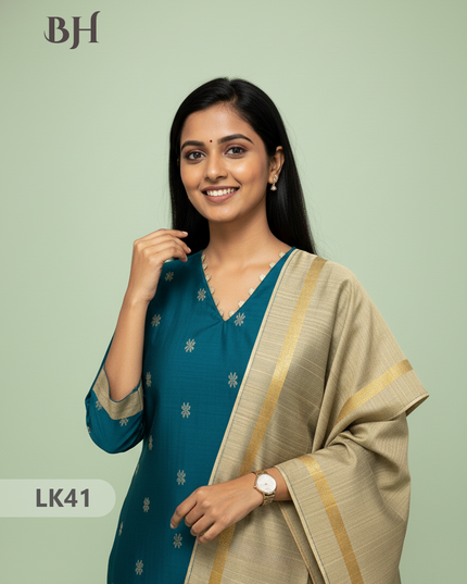 Raw Silk 3pc KurtiSet With Deep Sea Blue Colour Full Length Lining | Gold Dupatta