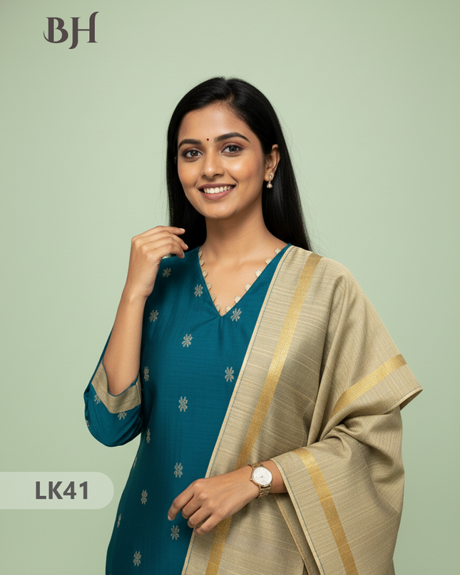 Raw Silk 3pc KurtiSet With Deep Sea Blue Colour Full Length Lining | Gold Dupatta