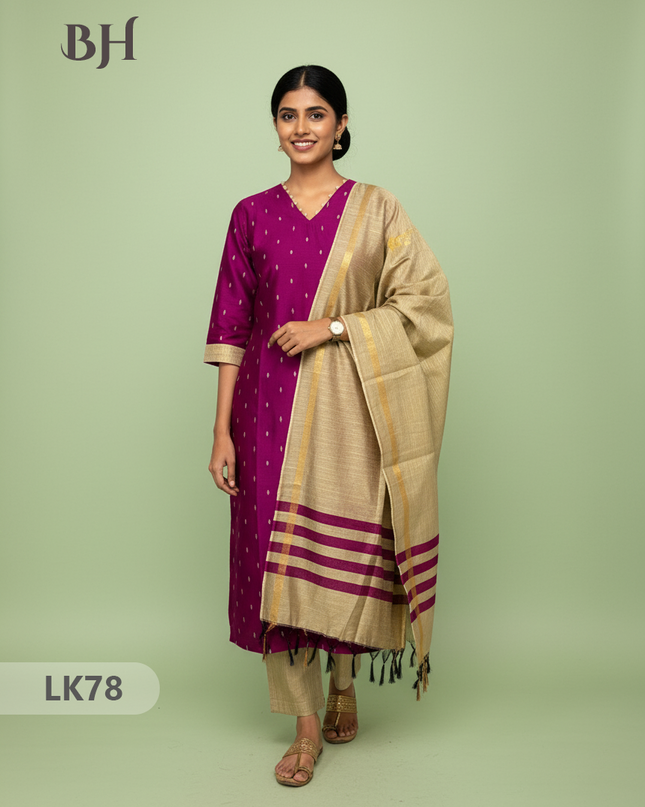 Raw Silk 3pc KurtiSet With Pink Colour Full Length Lining | Gold Dupatta